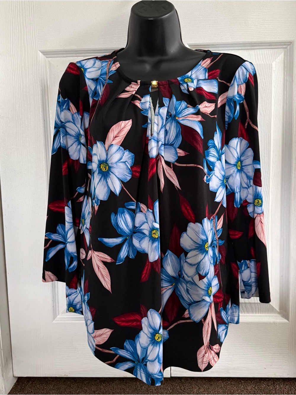 Floral Blue & Black Women’s Pleated Front Top